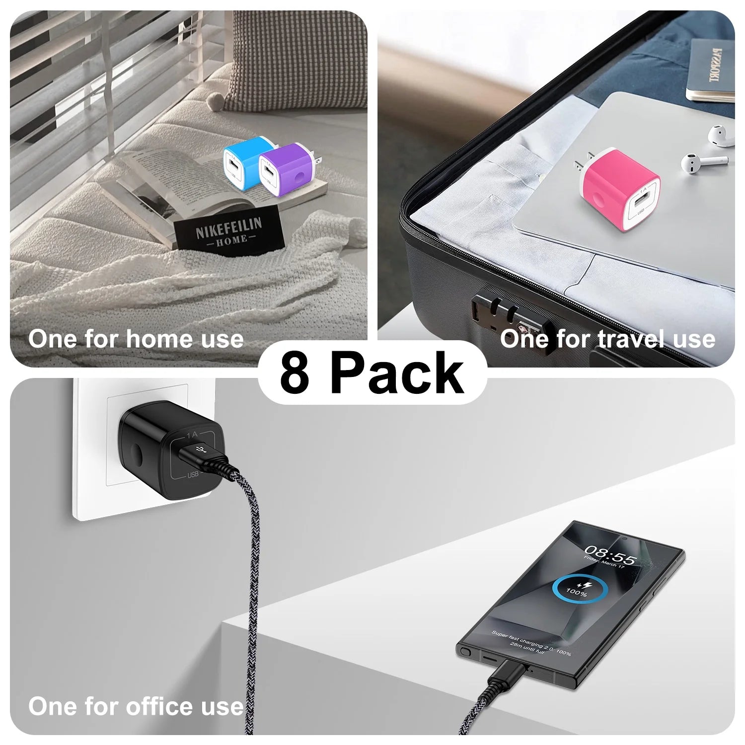 8 Pack USB C Charger Blcok,  1A Wall Charger Block Type C Block Fast Charger Android USB Brick Type C Charger Charger Plug Brick Cube Charger Box Fast Charging Block for Samsung Android Charger